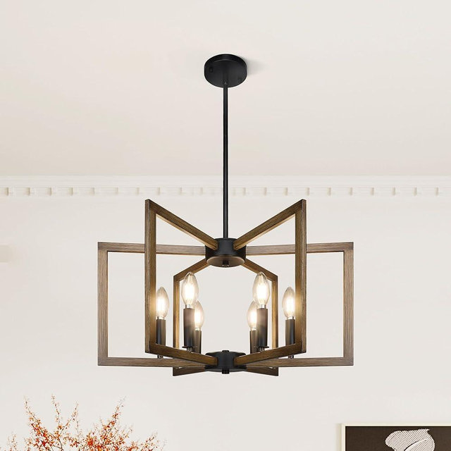 Klgxnrd 6-Light Modern Farmhouse Pendant Lights for Kitchen Island, Vintage Geometric Dining Room Lighting Hanging, Industrial Chandelier for Hallway Foyer, Retro Wood Texture and Black Finish