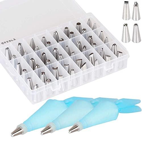 58 Pcs Cake Decorating Supplies Kits, Qozary Frosting Bags and Tips Set with 52 Stainless Steel Cake Icing Piping Tips, 3 Reusable Silicone Pastry Bags and 3 Couplers Baking Supplies Set