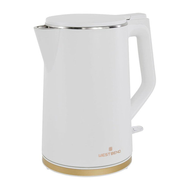 West Bend Timeless Electric Kettle Cordless Serving Features Stainless Steel Interior Boil Dry Protection and Auto Shut Off, 1.5-Liter, White/Gold