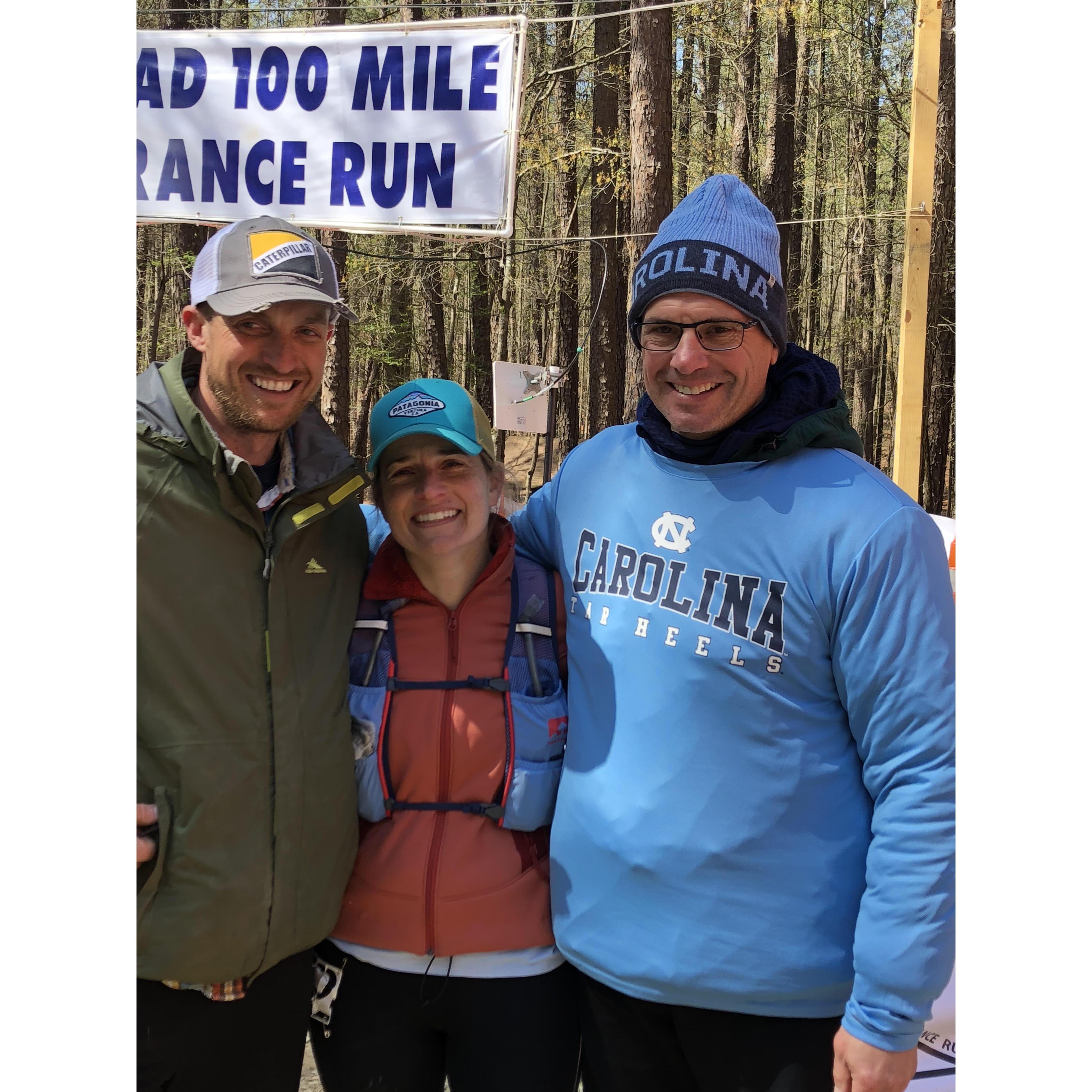 That time that Bradley helped Lauren get her 100 mile buckle! And it's always a bonus when Arnold is dressed in Carolina gear!