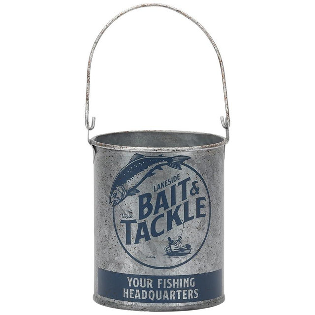 Lakeside Bait and Tackle Metal Bucket - Decorative Fishing Pail for Pencils, TV Remotes or Tools