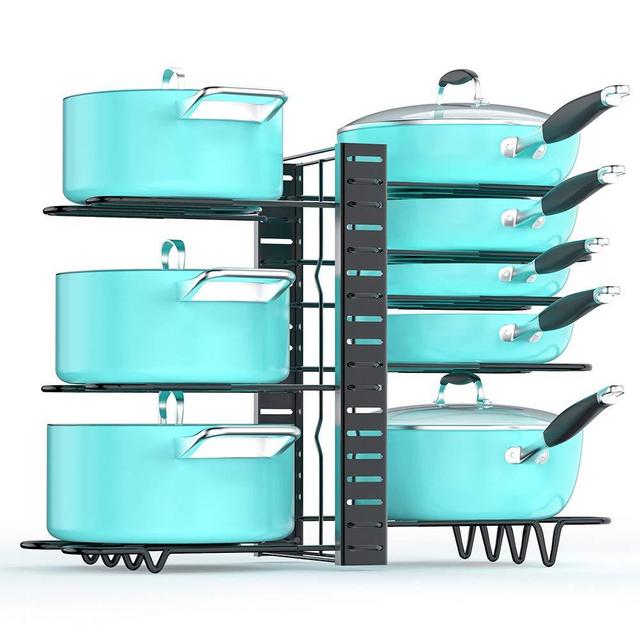 Pan Organizer Rack for Cabinet, Pot and Pan Organizer for Cabinet with 3 DIY Methods, Adjustable Pan Pot Rack with 8 Tiers, Upgraded Heavy Duty and Deep U-shaped Design with Obstructed Slip Layer