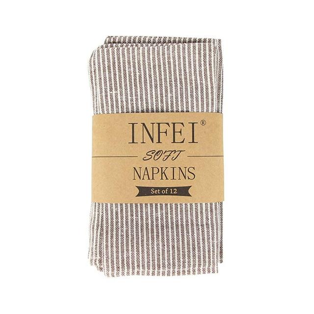 INFEI Narrow Striped Linen Cotton Dinner Cloth Napkins - Set of 12 (40 x 30 cm) - for Events & Home Use (Brown)