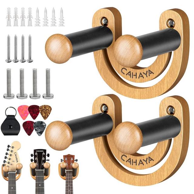 CAHAYA Guitar Wall Mount 2 Pack Adjustable U-Shaped Hook with 5 Picks and 1 Pick Bag for Acoustic Electric Bass Banjo Ukulele Mandolin CY0297-1