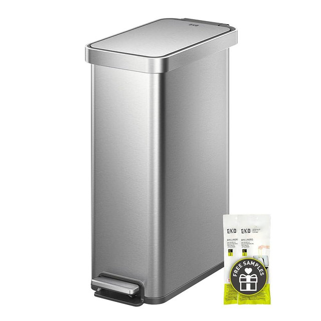 EKO Hudson Slim 50L / 13.2 Gallon Kitchen Trash Can with Lid, Stainless Steel Step Garbage Can for Kitchen or Home, Space-Saving Garbage Can with Soft Close Lid, Stay-Open, Liner Ring, Handle