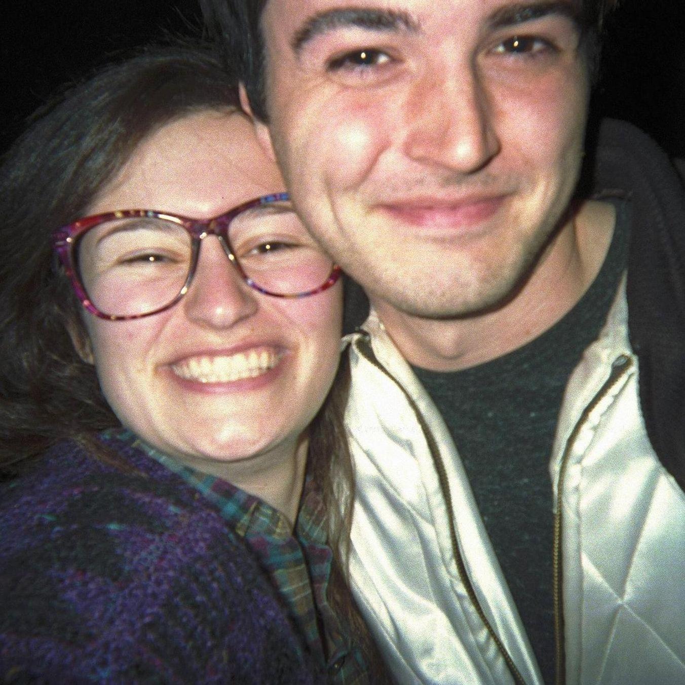 Our first photo together as a couple!!! AWWWW. Circa 2014. College Era–Halloween–Sav dressed as the Log Lady from Twin Peaks; Doug as the guy from Drive