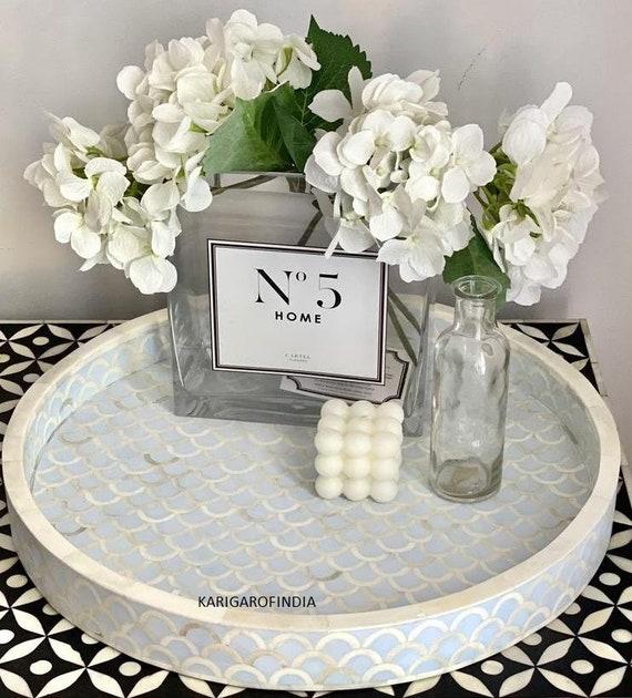 Bone Inlay Fishscale Round Tray - Soft Blue/Persian Tray/Turkish Tray