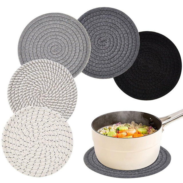 7" Handmade Trivets for Hot Dishes, Hot pots and Pans, 5 PCS Minimalist Cotton Hot Plate Mats, Woven Heat-Resistant Pot Holders Pads Set for Kitchen Counter Table Home Essentials for Housewarming