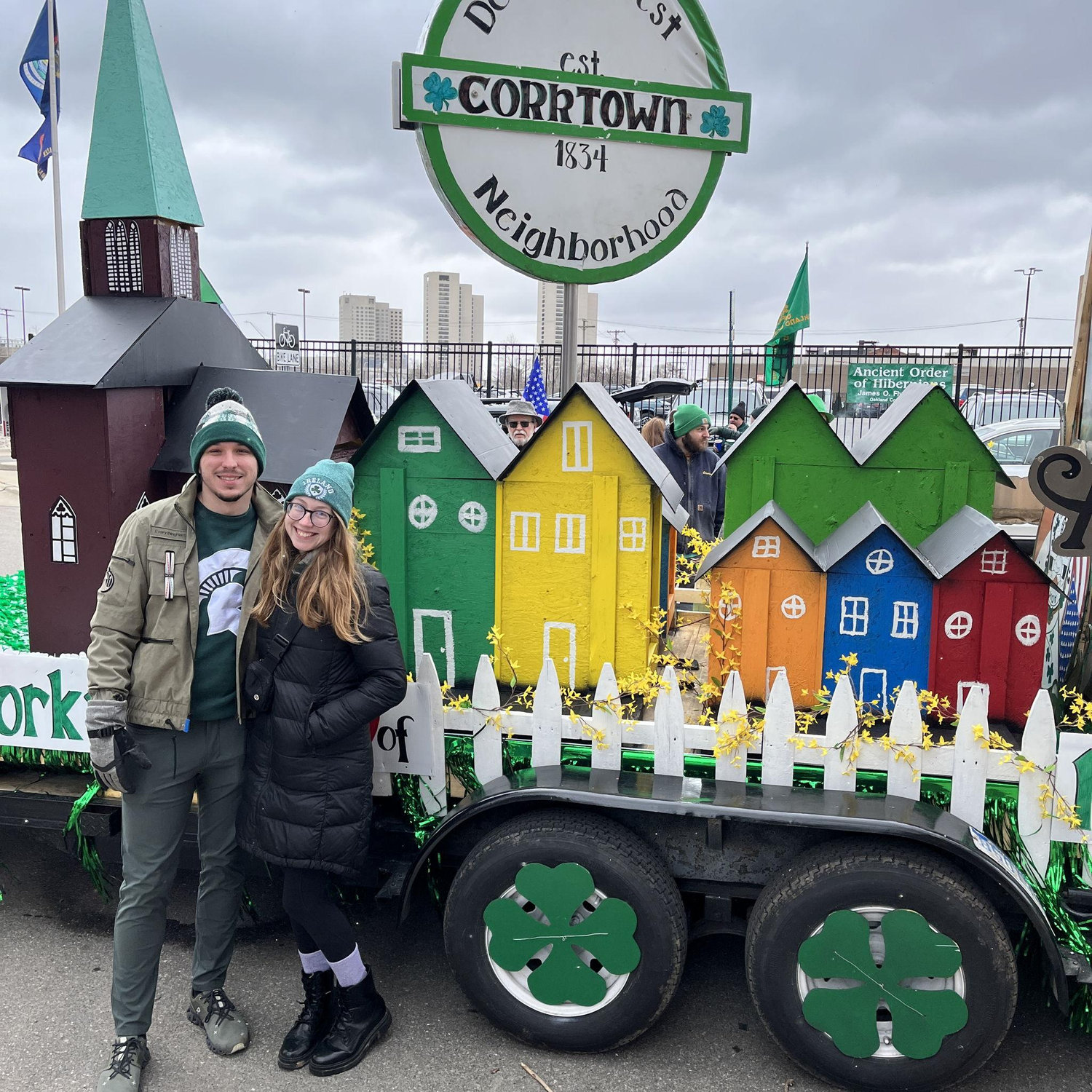 This is us in March 2024 with the O'Brien float for the annual St. Patrick's Day Parade in Corktown!