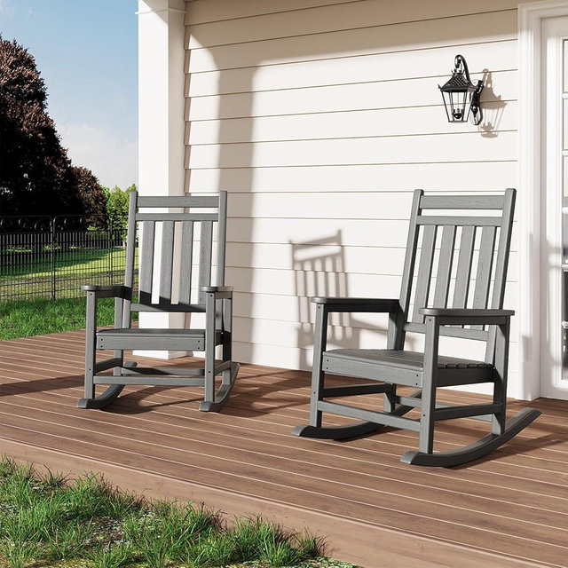 Poly Lumber Rocking Chair Outdoor Set of 2- HDPE High Back Porch Rocker Chairs for Adults - All Weather Resistant Furniture for Patio - Gray
