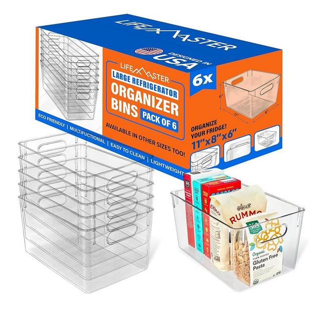 Lifemaster Stackable Refrigerator Bins - Set of 6 Large Capacity Organizers with Easy Grip Handles - Clear and Versatile for Kitchen Storage