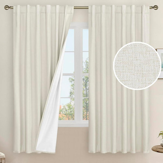 LAMIT 100% Blackout Natural Linen Curtains, 63 Inches Linen Textured Thermal Bedroom Curtains Back Tab and Rod Pocket Neutral Panels with White Liner for Farmhouse, 2 Panels, 52 x 63 Inch, Ivory