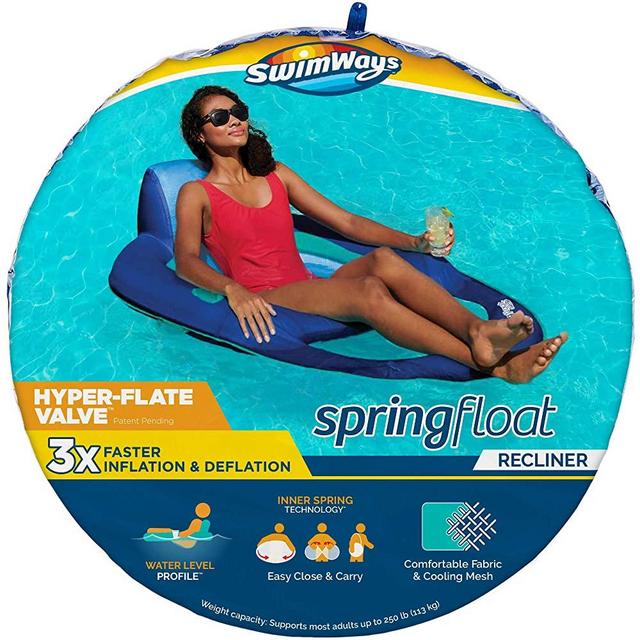 SwimWays Spring Float Recliner Pool Lounger with Hyper-Flate Valve, Inflatable Pool Float, Blue, 69"L x 35"W x 5.5"H