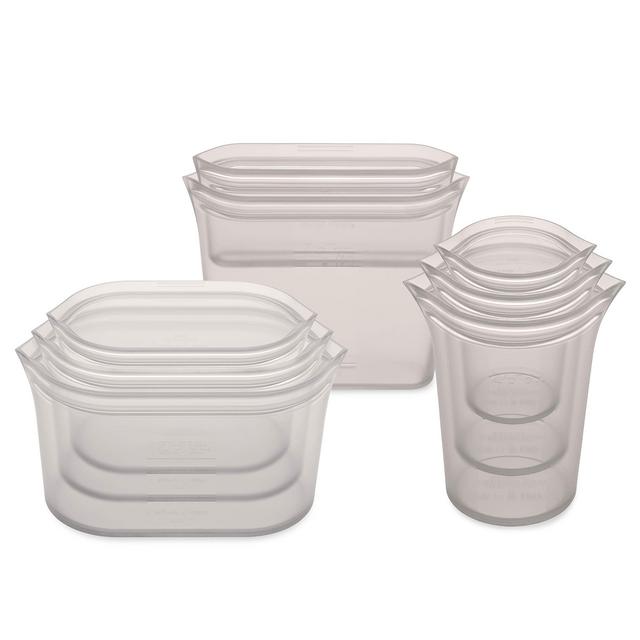 Zip Top Reusable 100% Silicone Food Storage Bags and Containers, Made in the USA - Full Set- 3 Cups, 3 Dishes 2 Bags - Gray