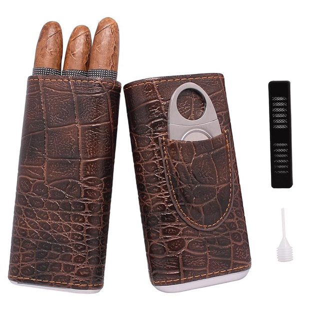 AMANCY 3-Finger Classy Black Brown Crocodile Pattern Leather Cigar Case With Small Humidifier and Cutter