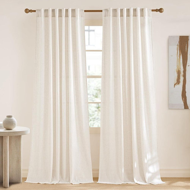 NICETOWN Semi Sheer Vanilla Curtains 84 inches Long, Rod Pocket & Back Tab Light Filtering Window Treatments Privacy Added Drapes for Living Room, W55 x L84, 2 Panels