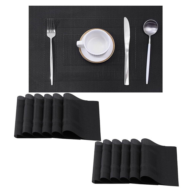 Leetaltree Black Frame Placemats Set of 12 - Heat Resistant Non-Slip Place mats for Dining Table, Washable Durable PVC Vinyl Woven Table Mats（Black Frame, 12）