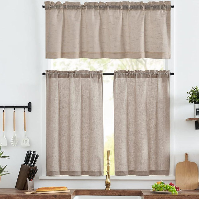 jinchan Grey Kitchen Curtains and Valances Set 3 Pieces Linen Tiers and Valance 24 Inch Cafe Curtains with Valance Rod Pocket Farmhouse Small Drapes Set Rustic Country for Laundry Room Bathroom Taupe