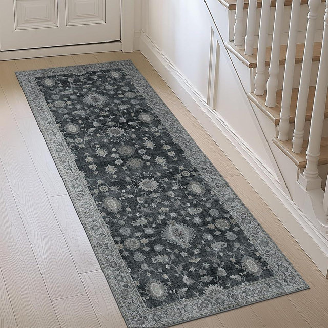GENIMO Runner Rug for Hallways Machine Washable, 2x12 Non Slip Boho Vintage Lightweight Washable Runners, Thin Floor Runners for Entryway Hallway Bathroom Laundry Room Corridor, Charcoal