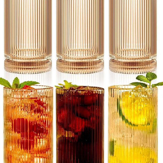 megarte 16Oz Amber Ribbed Glassware Set Of 6 – Vintage Drinking Glasses And Ribbed Glass Cups, Amber Glassware Drinkware Set For Water, Juice, Cocktails, Iced Coffee, Smoothies, Beer, Home, Parties