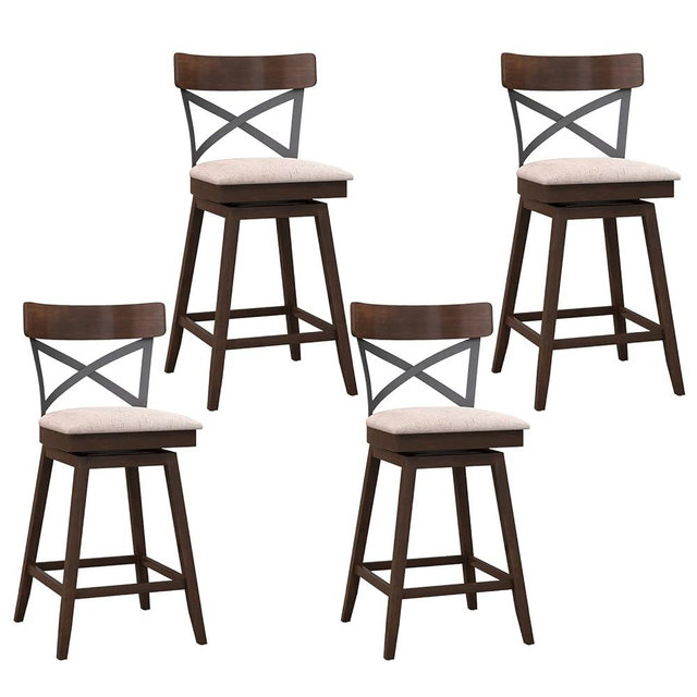 COSTWAY Bar Stool Set of 4, 25 Inch Swivel Ergonomic Counter Height Chairs with Cushioned Seat, Open X Back & Footrest, 4 PCS Wooden Barstools for Kitchen Island, Pub, Bistro, Café, Brown (4, 25 inch)