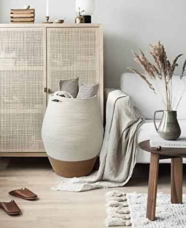 Goodpick Large Laundry Hamper | Tall Wicker Hamper Laundry Basket, Soft Cotton Rope Woven Hamper, Farmhouse Design Gracery Curver Basket 25.6 Inches Height