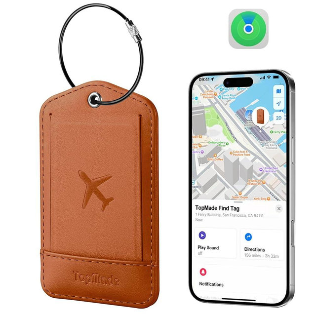 TopMade Smart Luggage Tag with Find My, Premium Leather Luggage Tags for Suitcase, Travel Bags, Backpacks, Anti-Lost Suitcase Tag Tracker for Travel with Privacy Name Card, Rechargeable
