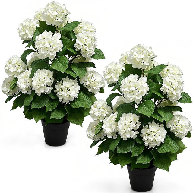 Hecaty Artificial Hydrangea Tree 29.9" Tall Set of 2, Faux Hydrangea Flowers in Pot, UV Resistant Indoor Outdoor White Blooming Bush for Living Room, Entryway, Office, Porch Decor