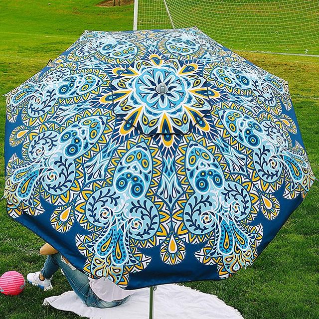 Beach and Grass Umbrella with Matching Travel Carrying Bag - Large 7 Feet 5 Inches Tilting Telescopic Aluminum Pole - Twist Sand/Grass Anchor - Wind Air Vent - Fiberglass Ribs (Atlantis Blue)