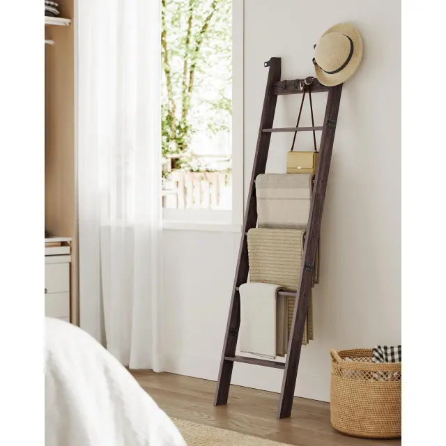 6-Tier Blanket Ladder with 4 Hooks, Rustic Farmhouse Storage Rack for Towels, Throws & Decor, Maroon Brown