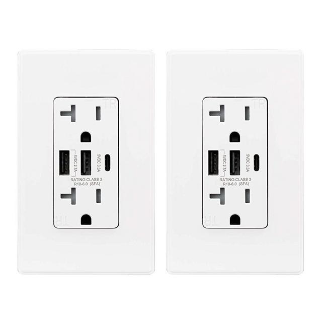 ELEGRP 30W 6.0 Amp 3-Port USB Wall Outlet, 20 Amp Receptacle with USB Type C Type A Ports, USB Charger for iPhone, iPad, Samsung, LG, HTC and Android Devices, UL Listed, with Wall Plate, 2 Pack, White