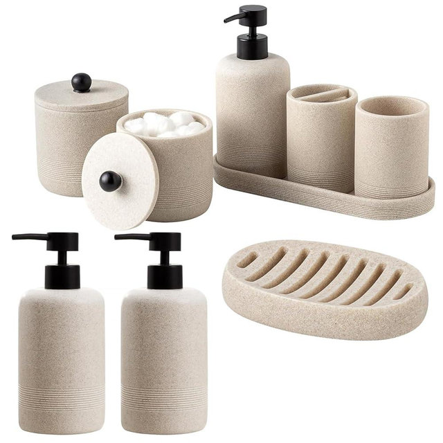 Bathroom Accessories Set, 8 PCS Modern Bathroom Accessory Set with 15.2 OZ Soap Dispenser, Toothbrush Holder, Vanity Tray, Tumbler, 2 PCS Qtip Holders (Beige)
