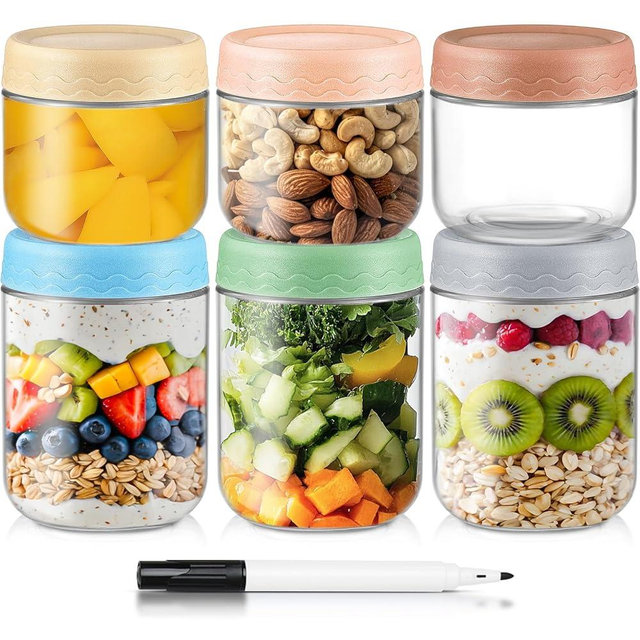 DRKIO 10 & 16 Oz Overnight Oats Containers with Lids - 6 Pack Glass Storage Jars with Airtight Lids Wide Mouth Mason Food Jars Great for Meal Prep Salad Chia Puddirg Snacks Yogurt Sugar Spice Cereal