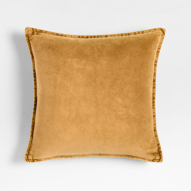 Relaxed Washed Organic Cotton Velvet 20x20 Moroccan Ocher Throw Pillow with Feather Insert