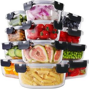 HOMBERKING 24pc Borosilicate Glass Food Storage Containers with Lids, Glass Meal Prep Containers with Leak Proof Snap Lock, Airtight Bento Lunch Boxes, Kitchen Storage (12 lids & 12 Containers)-Black