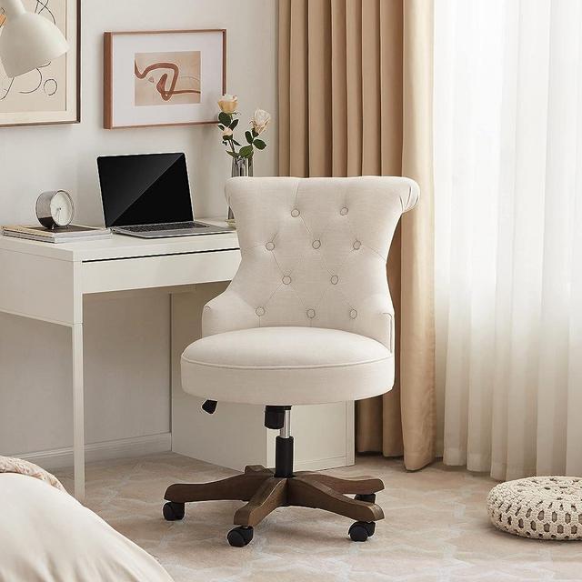 Batohom Home Office Chair Adjustable Height Swivel Chair with Wheels Linen Fabric Upholstered Computer Desk Chair with Wooden Legs Comfortable Armless Chair for Home Office Study Studio(Beige)