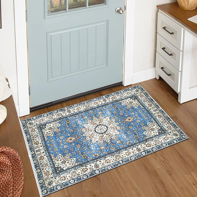 Lahome Oriental Floral Medallion Area Rug - 2x3 Blue Persian Distressed Small Entryway Rug Doormat Vintage Faux Wool Non-Slip Washable Low-Pile Carpet for Indoor Front Entrance Kitchen Bathroom