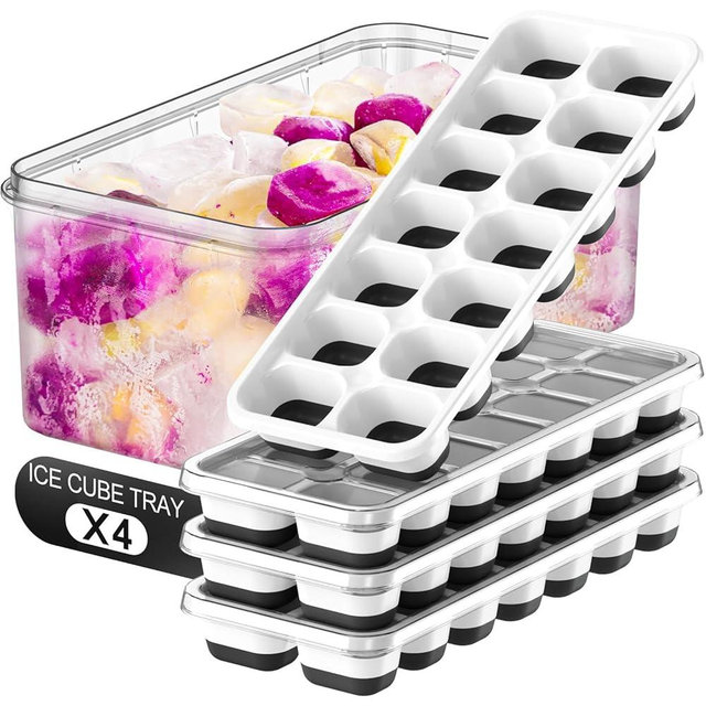 Ice Cube Tray Freeze Set: BPA-Free Sturdy Reusable Freezer Ice Trays for Drinks, Cocktails & Coffee (Black, 4 Pcs)
