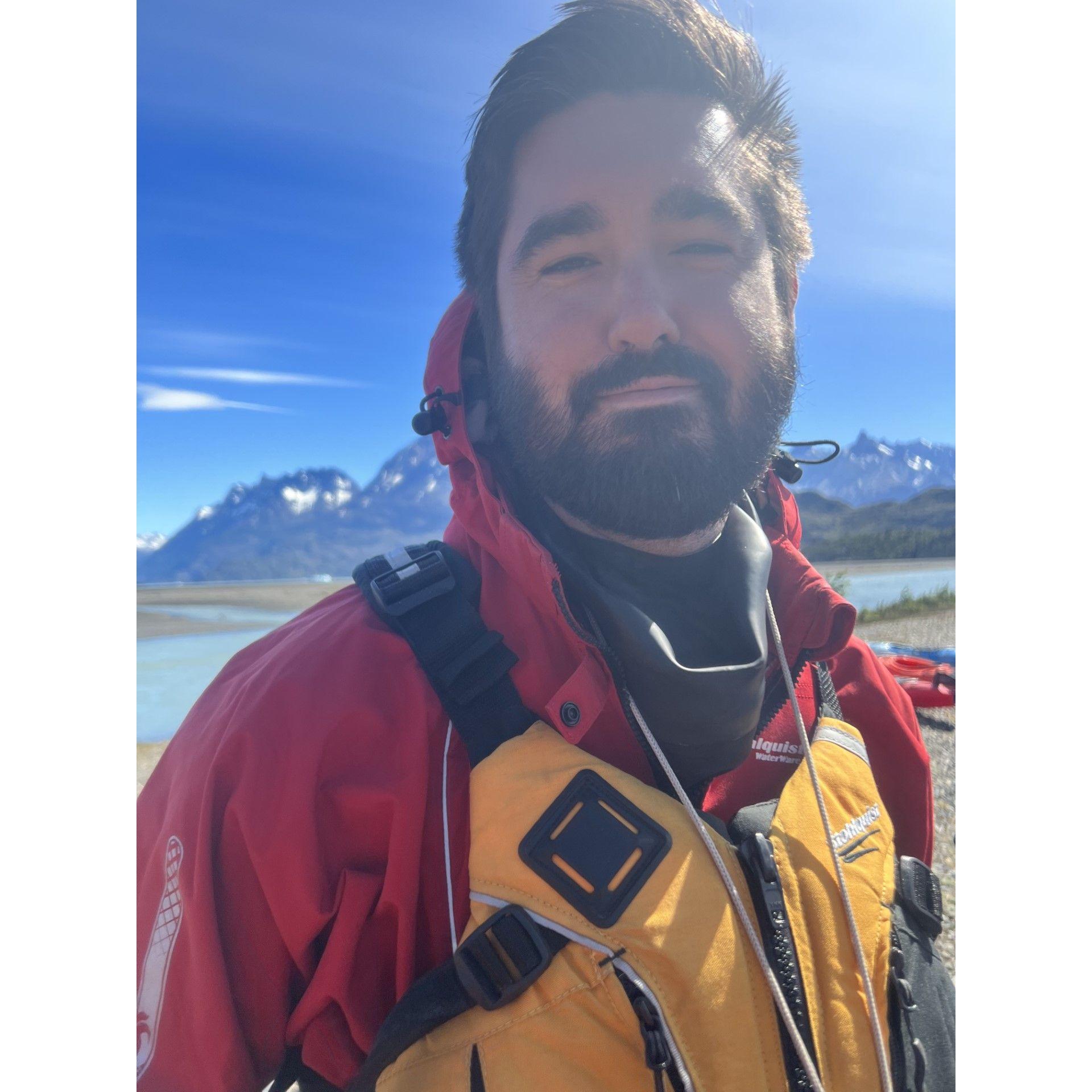 John getting ready to kayak in Patagonia
