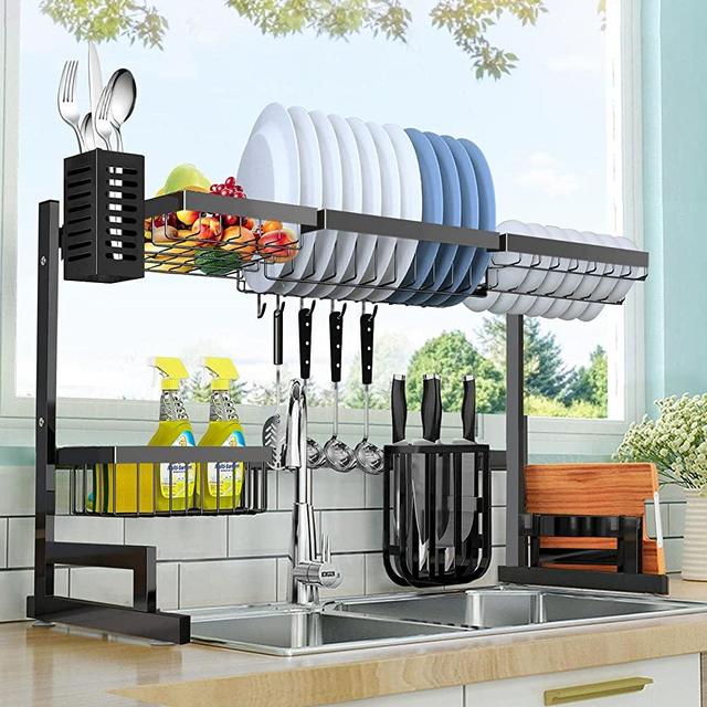 HOTOZON Over The Sink Dish Drying Rack, Length Adjustable (32" ≤ Sink Size ≤ 40") 2 Tier Large Dish Rack, Dish Dryer Rack for Kitchen Organization Counter Storage Space Saver, Black