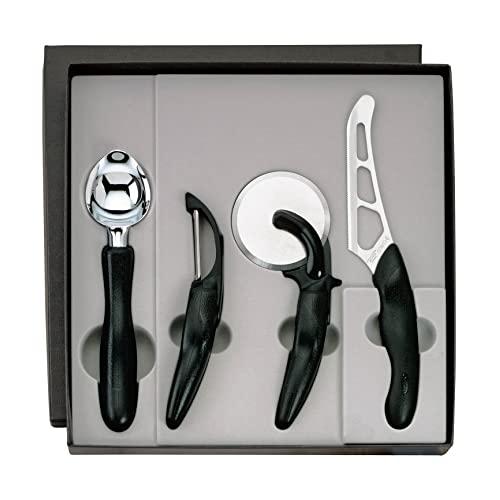 CUTCO Model 1838 Entertainer Set in special CUTCO gift box. ......... Includes 1501 Peeler, 1502 Pizza Cutter, 1503 Ice Cream Scoop, and 1504 Cheese Knife. ........ High Carbon Stainless blades and black soft-grip handles.