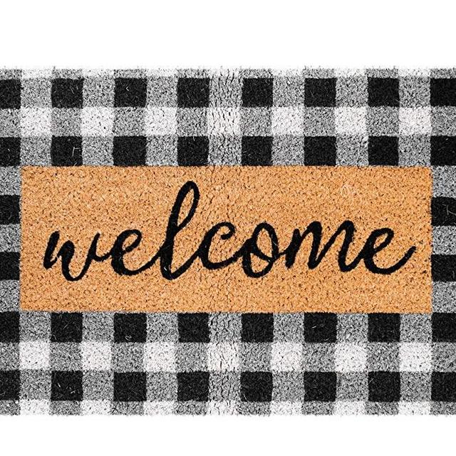 Theodore Magnus Natural Coir Doormat with Non-Slip Backing - 17 x 30 - Outdoor / Indoor - Natural - Buffalo Check Welcome - COIR-1730-15-218