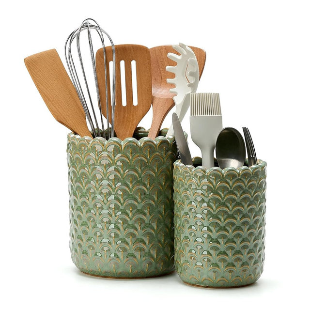 JIEMEI HOME Kitchen Utensil Holder, Large 7.5"+6.2" Petal Ceramic Utensil Crock for Countertop, Utensil Holder with Cork Mat, Morden Utensil Organizer for Spatula, Kitchen Decor, Set of 2- Green
