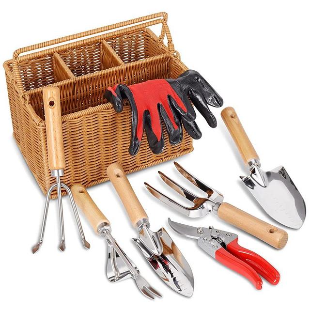 SOLIGT 8 Piece Garden Tool Set with Basket, Stainless Steel Extra Heavy Duty Garden Hand Tools Kit with Wood Handle for Men Women