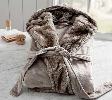 "His" Ombre Tipped Faux Fur Robe, Medium, Gray/Caramel