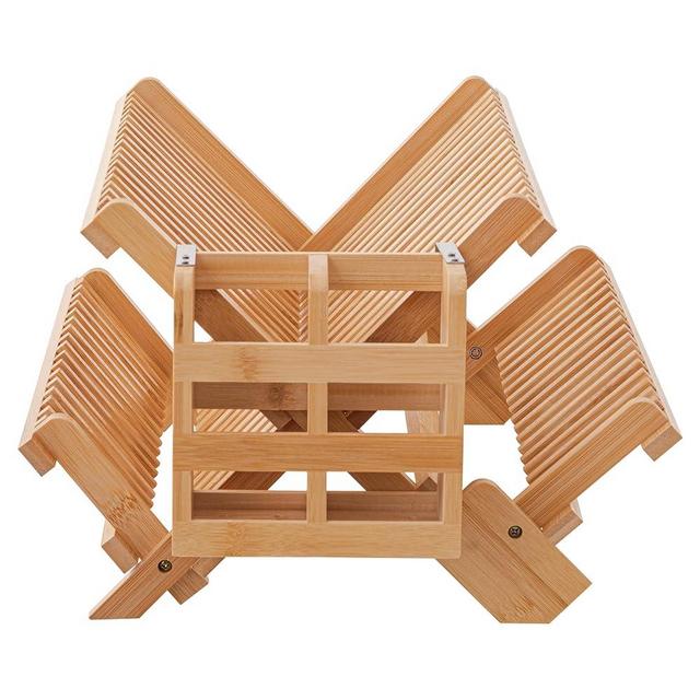 HBlife Bamboo Dish Drying Rack with Utensils Flatware Holder Set, 3-Tier Large Folding Drying Holder for Kitchen Counter, Collapsible Drainer