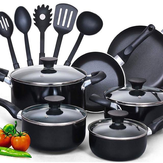 Cook N Home 15-Piece Nonstick Stay Cool Handle Cookware Set, Black