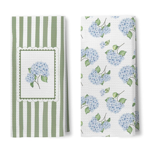 Foritho Spring Blue Hydrangea Floral Kitchen Towels, Retro Sage Green Striped Flower Hand Towels for Bathroom, Farmhouse Floral Dish Tea Towel for Kitchen Decor, 16x24 Inch Set of 2