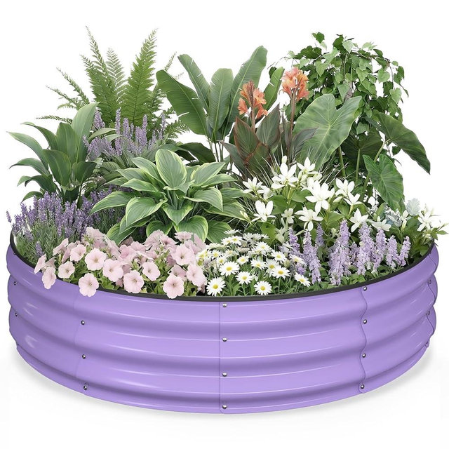 Kesfitt Round Raised Garden Bed, 4x4x1 FT Galvanized Steel Metal Garden Bed, Open-Bottom Design, 12-Inch Deep Outdoor Raised Garden Bed for Vegetables & Herbs, Lavender Purple
