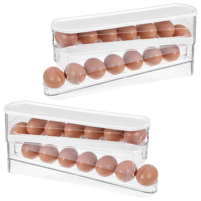 PercyEffie Egg Holder for Fridges 2 Pack, Auto Rolling Fridge Egg Carton 14 Grid Space Saving Clear Eggs Storage Box Eggs Dispenser Rolls Stackable Container with Lid for Fridge and Kitchen Cabinet